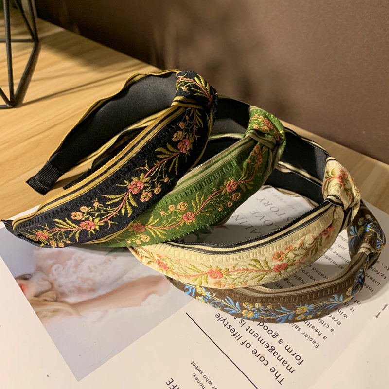Wholesale Embroidery Retro Knotted Wide Fabric Headband
